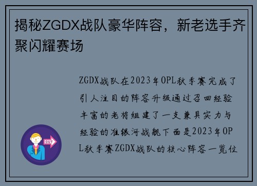 揭秘ZGDX战队豪华阵容，新老选手齐聚闪耀赛场
